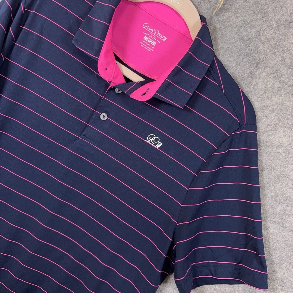 Good Good Golf Polo Mens Sz M Blue Pink Striped Stretch Active Performance